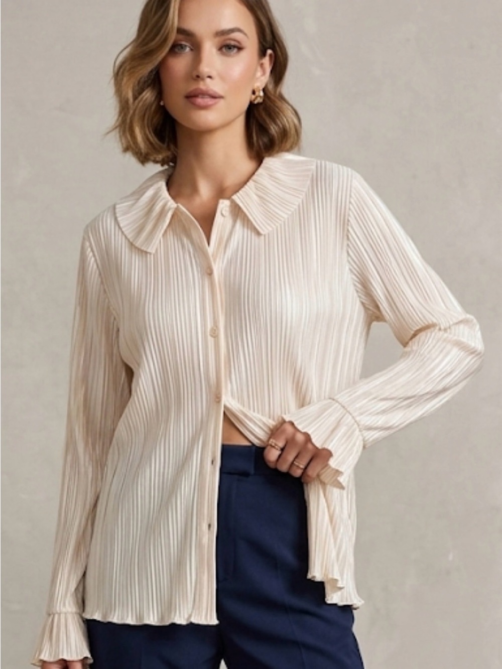 Fashion nova women’s Pleated Cream Button-Up Women's Top 3X